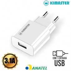 Carregador Universal de Tomada 1 USB 3.1A Premium Kimaster - TO502 Branco
